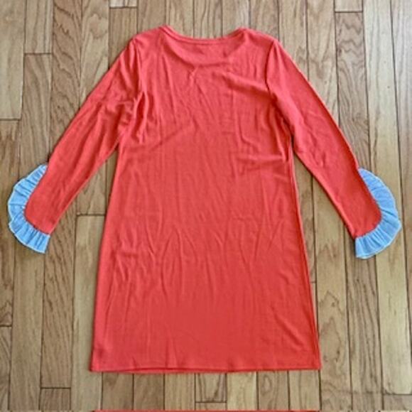 NWT Crown & Ivy Women's Orange with Ruffled Blue White Sleeve Accents Dress Sz S - Picture 2 of 7